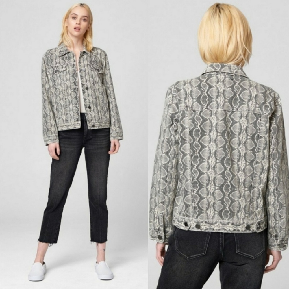 BLANK NYC Snakeskin Python Print Button Up Denim Trucker Jacket